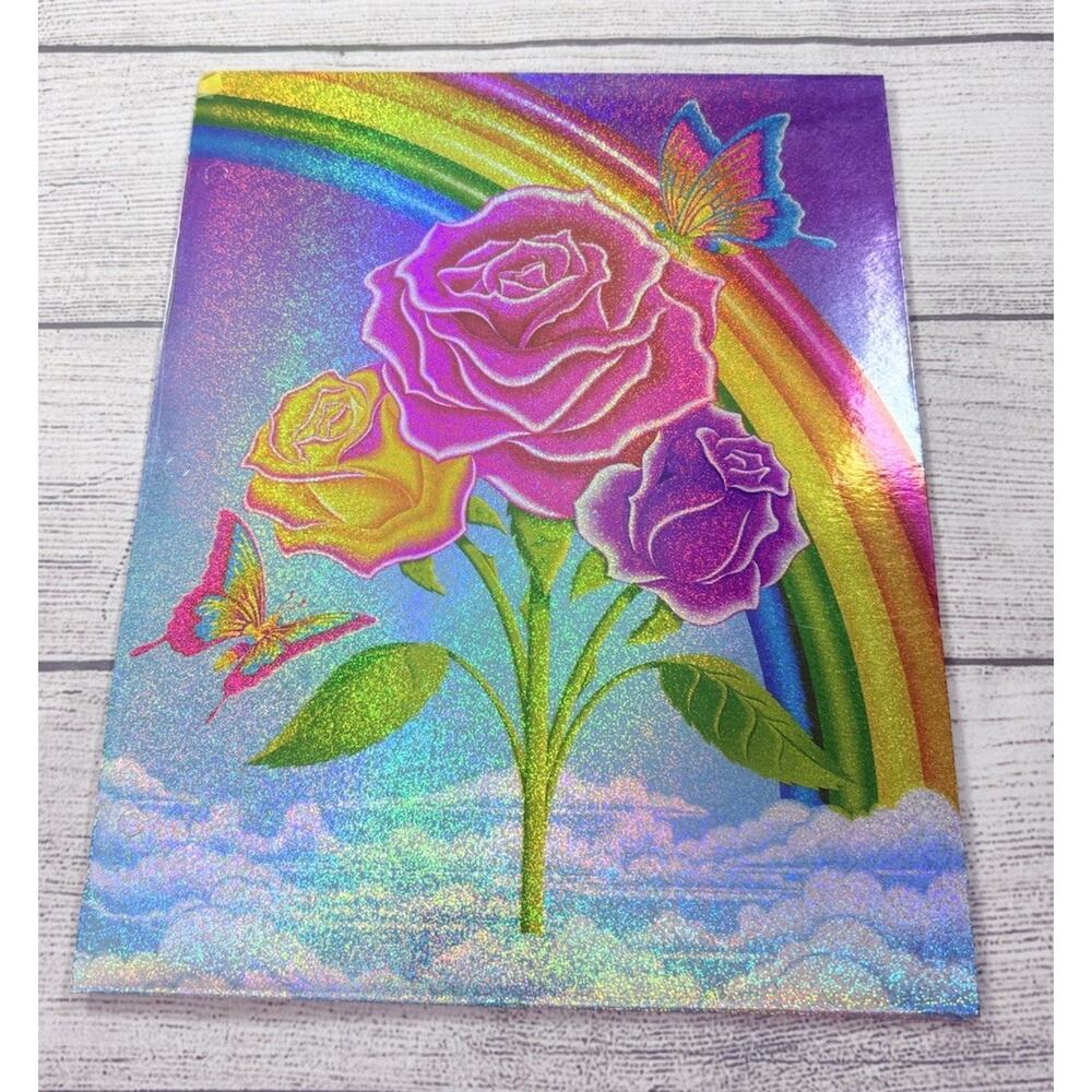 Lisa Frank Vintage 2-Pocket Folder 3-Ring Portfolio USA Rose Butterflies Rainbow